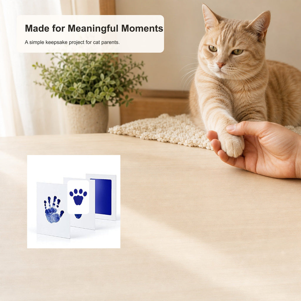 Clean-touch keepsake kit with a relaxed cat and cat paw print