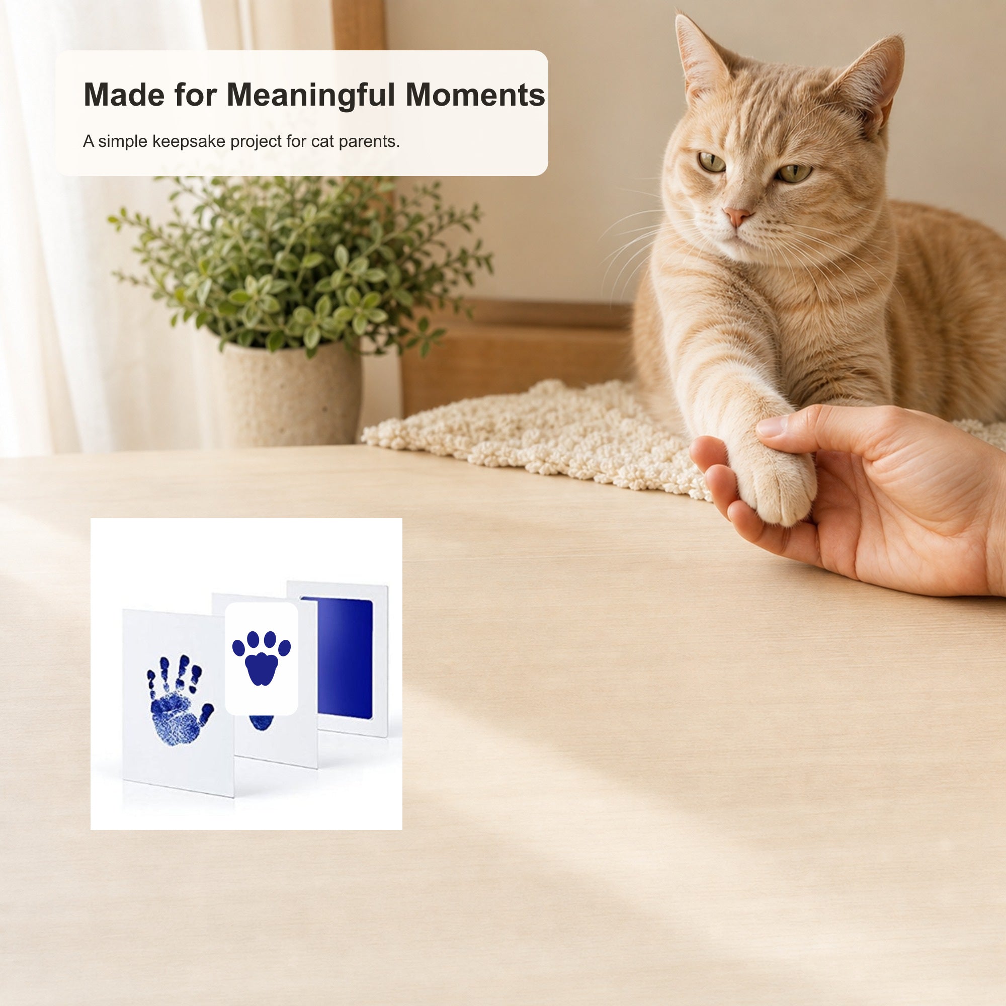 Clean-touch keepsake kit with a relaxed cat and cat paw print