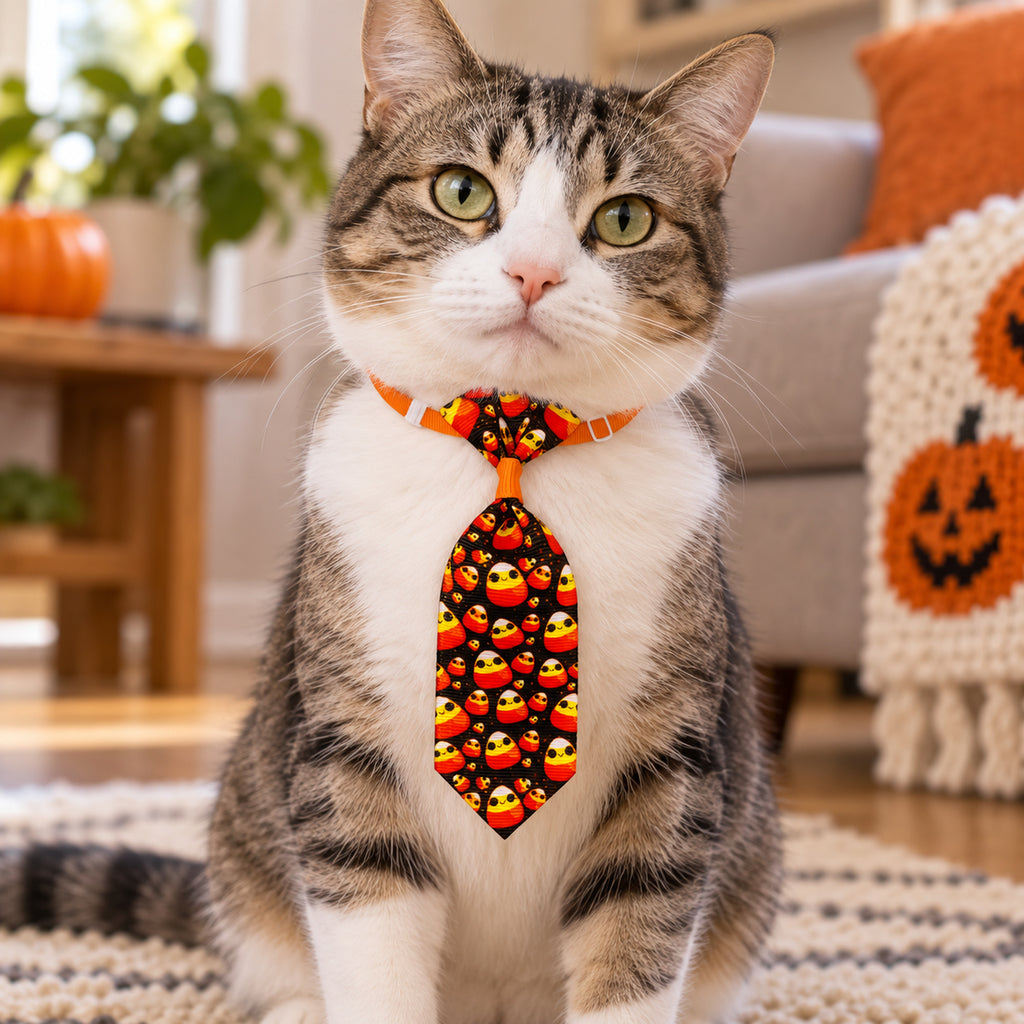 Cat wearing a Halloween-pattern necktie in a warm home