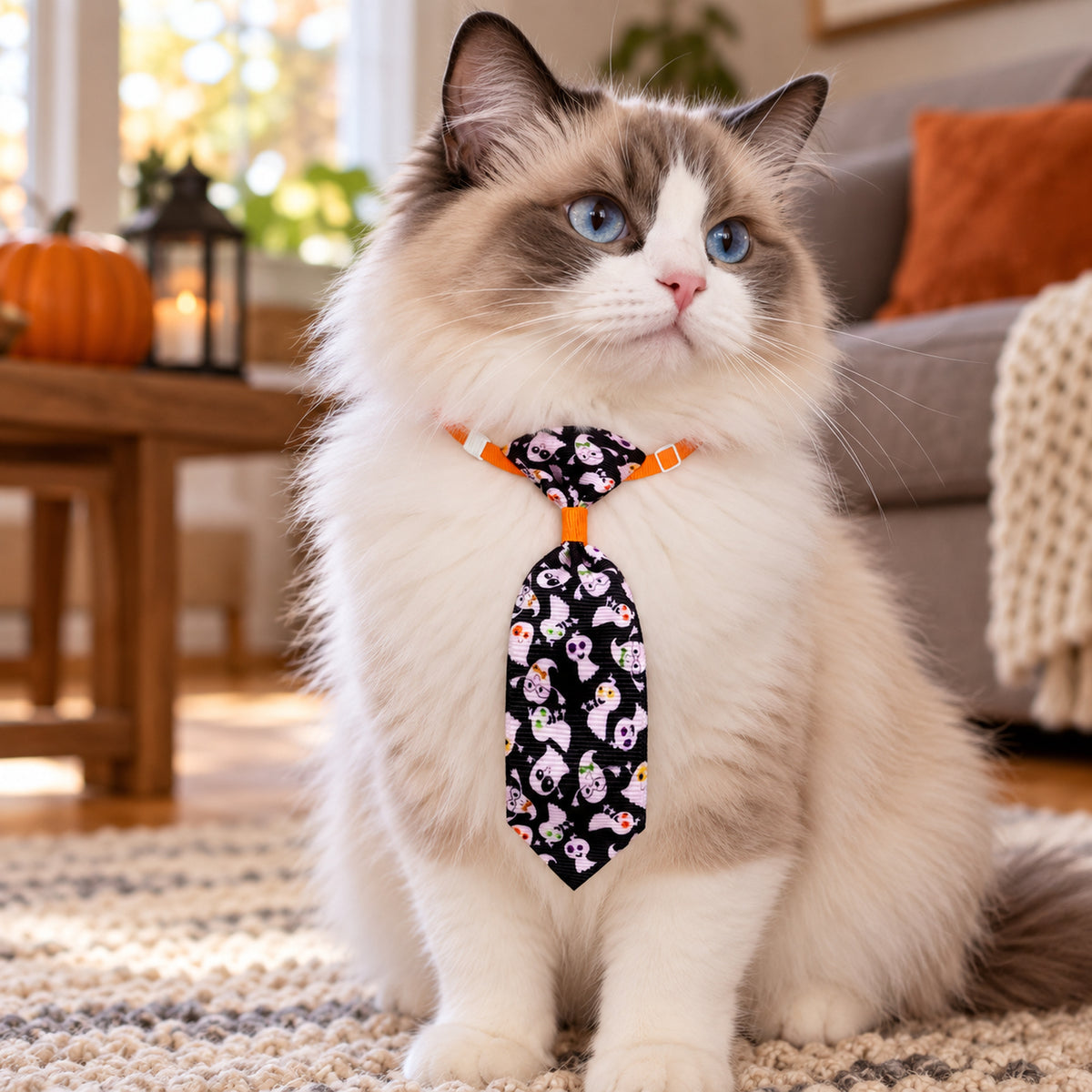 Cat wearing a black Halloween ghost-pattern necktie