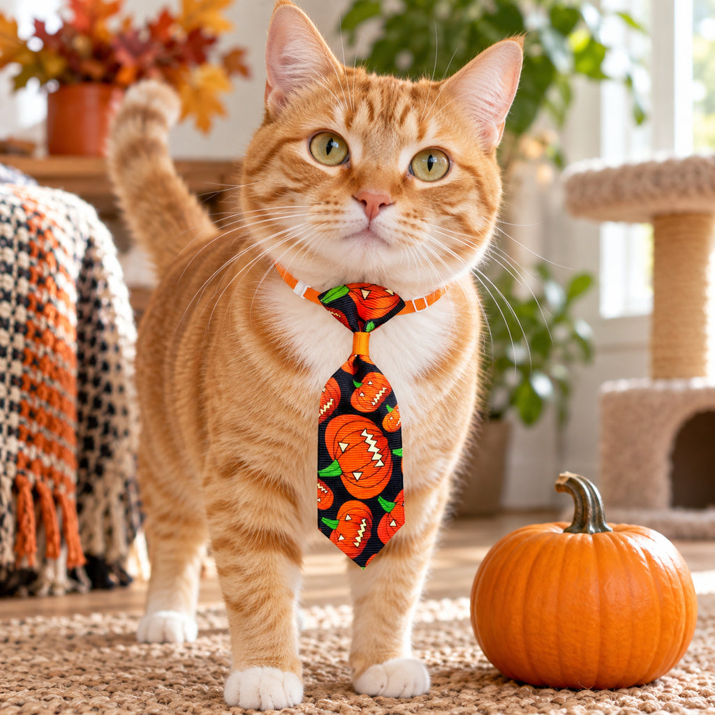 Orange tabby wearing a pumpkin-pattern Halloween necktie