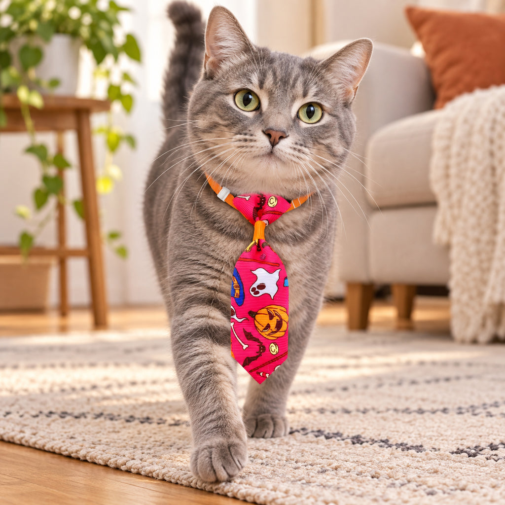 Gray cat wearing a pink Halloween-pattern necktie