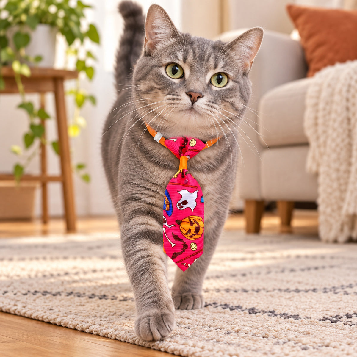 Gray cat wearing a pink Halloween-pattern necktie