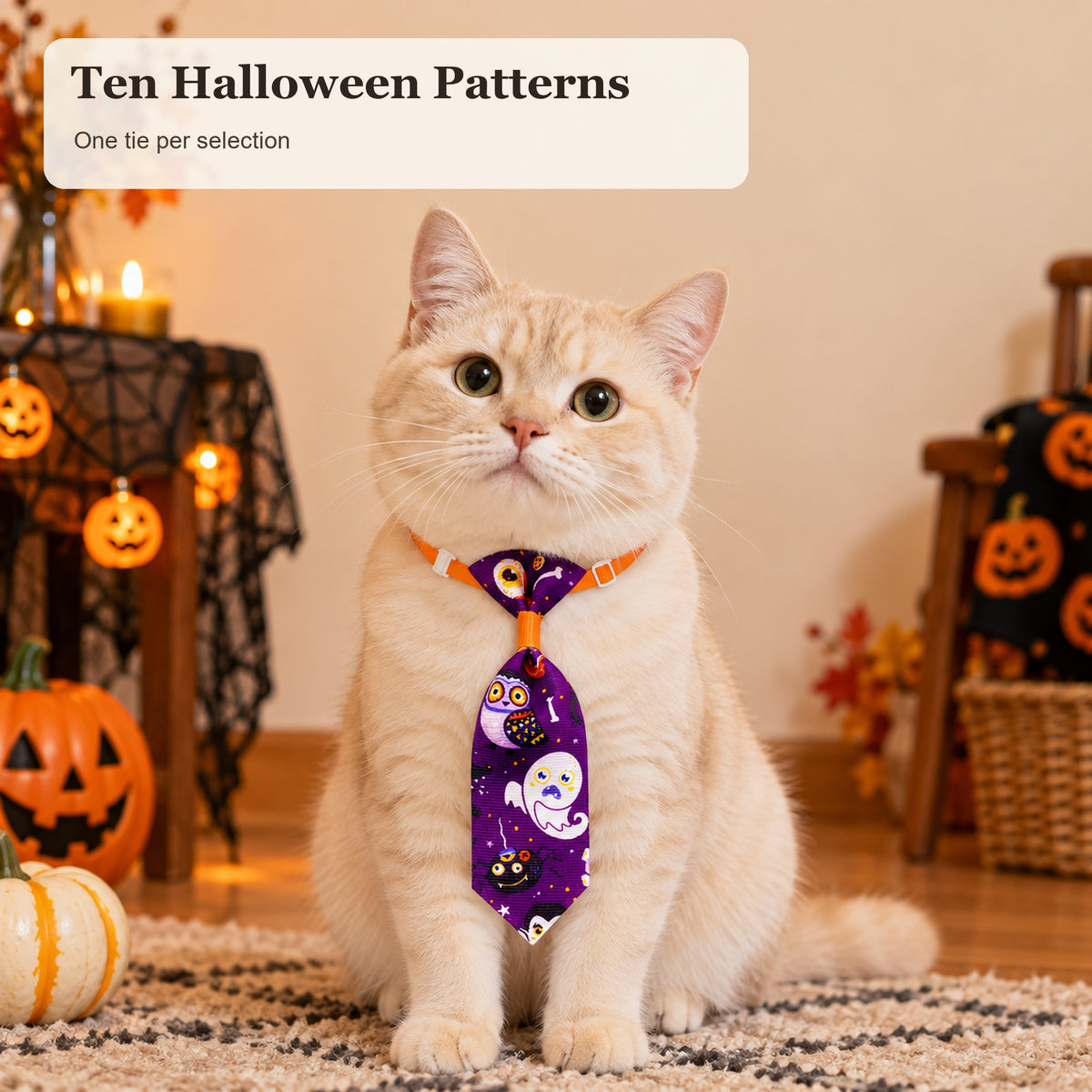 Cat wearing a Halloween tie; ten patterns available