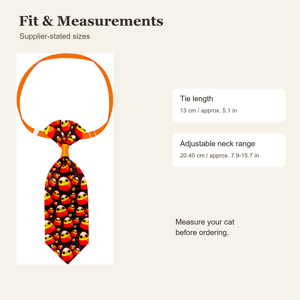 Supplier-stated tie length 13 cm and adjustable neck range 20 to 40 cm