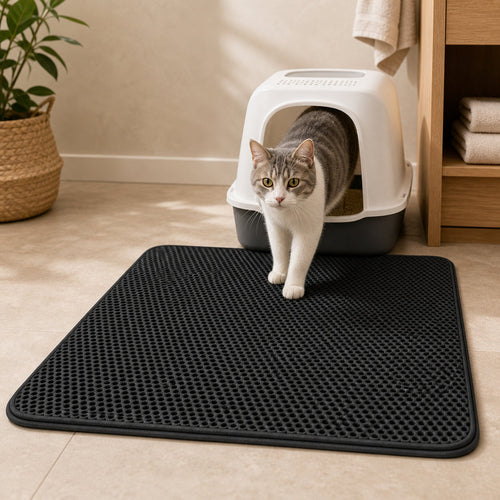 Cat stepping onto the double-layer litter trapping mat