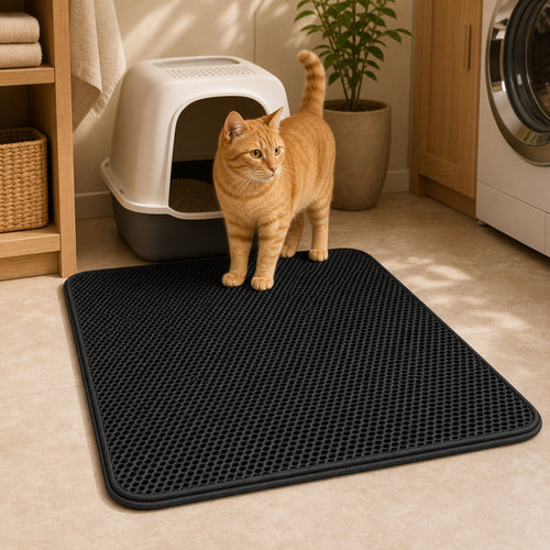 Orange tabby cat beside the dark litter trapping mat