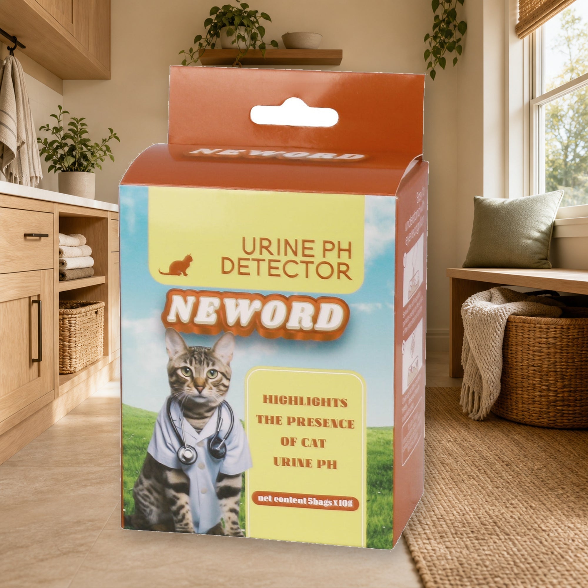 Color-changing cat litter monitoring particles in a warm cat-friendly home setting