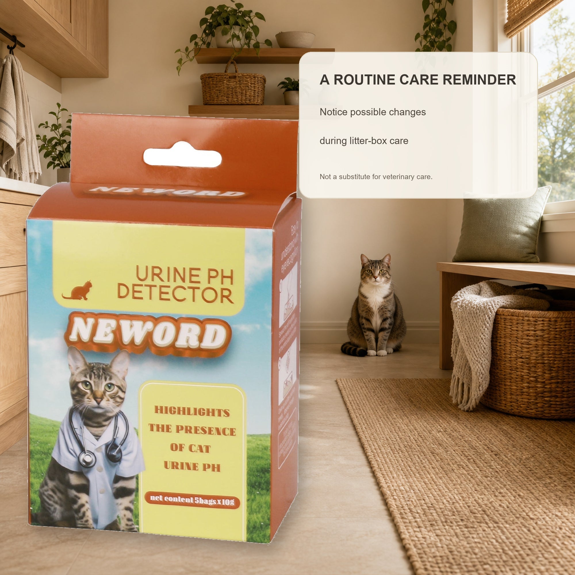 Authentic cat litter monitoring product beside a relaxed cat in a warm home litter-box setting