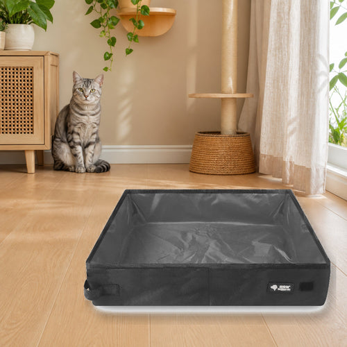 Foldable portable cat litter box in a warm cat home