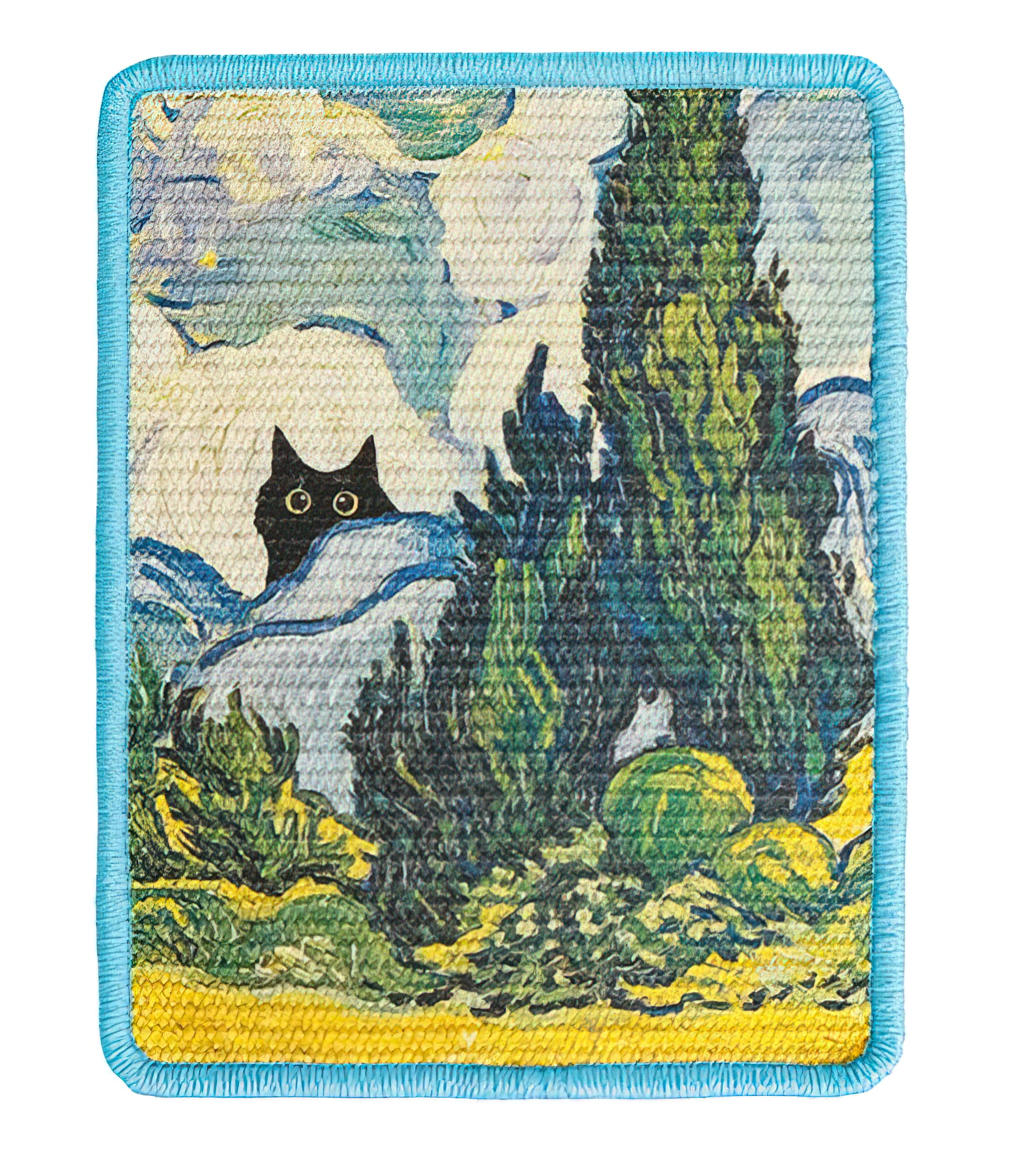 Patch with a black cat in a landscape design, inspired by Van Gogh, on a white background.