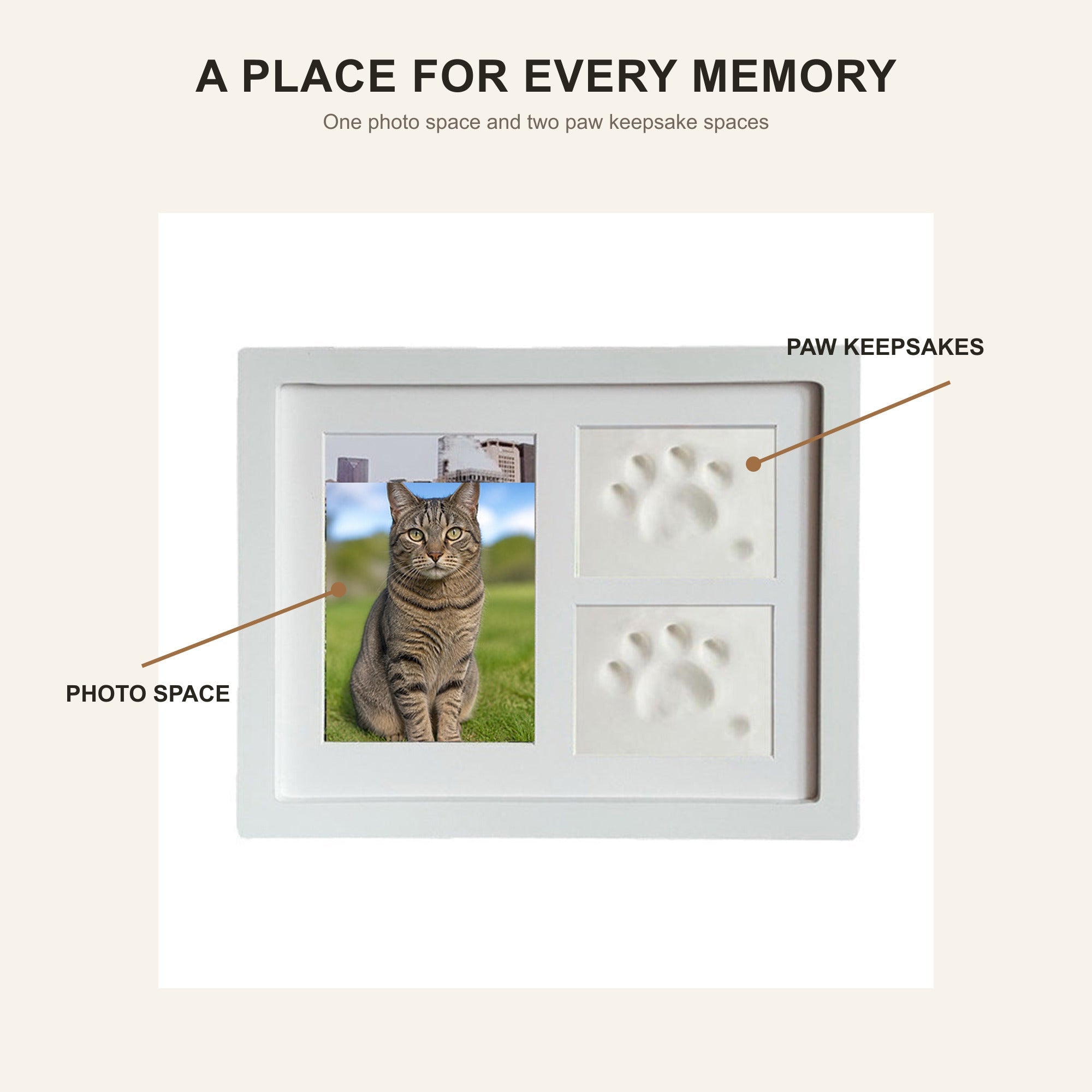 Three-part cat keepsake frame with one cat photo space and two paw impression spaces