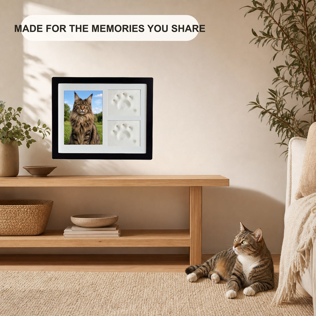 Black cat keepsake frame displayed in a warm home with a relaxed cat nearby