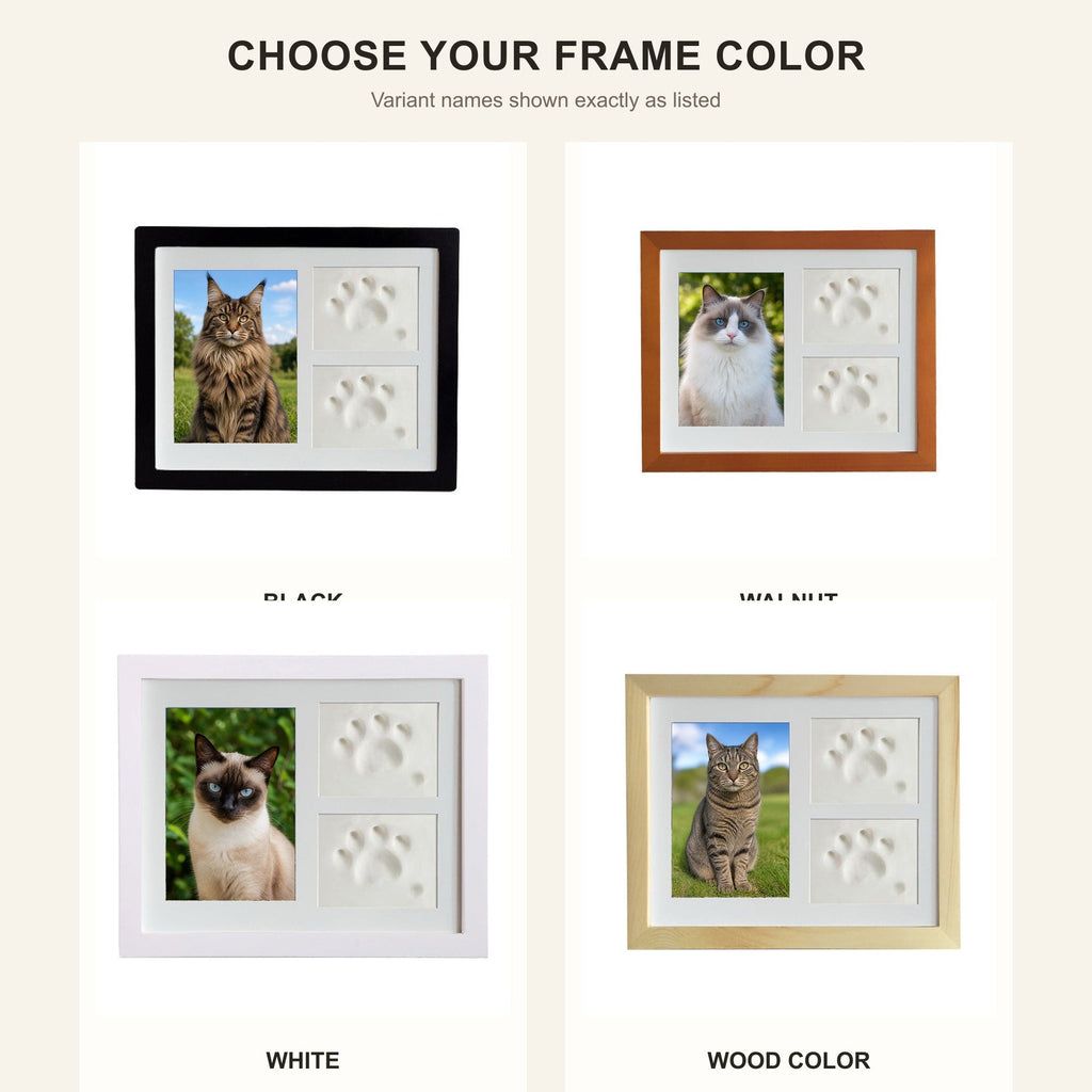 Black, Walnut, White, and Wood color cat keepsake frame options