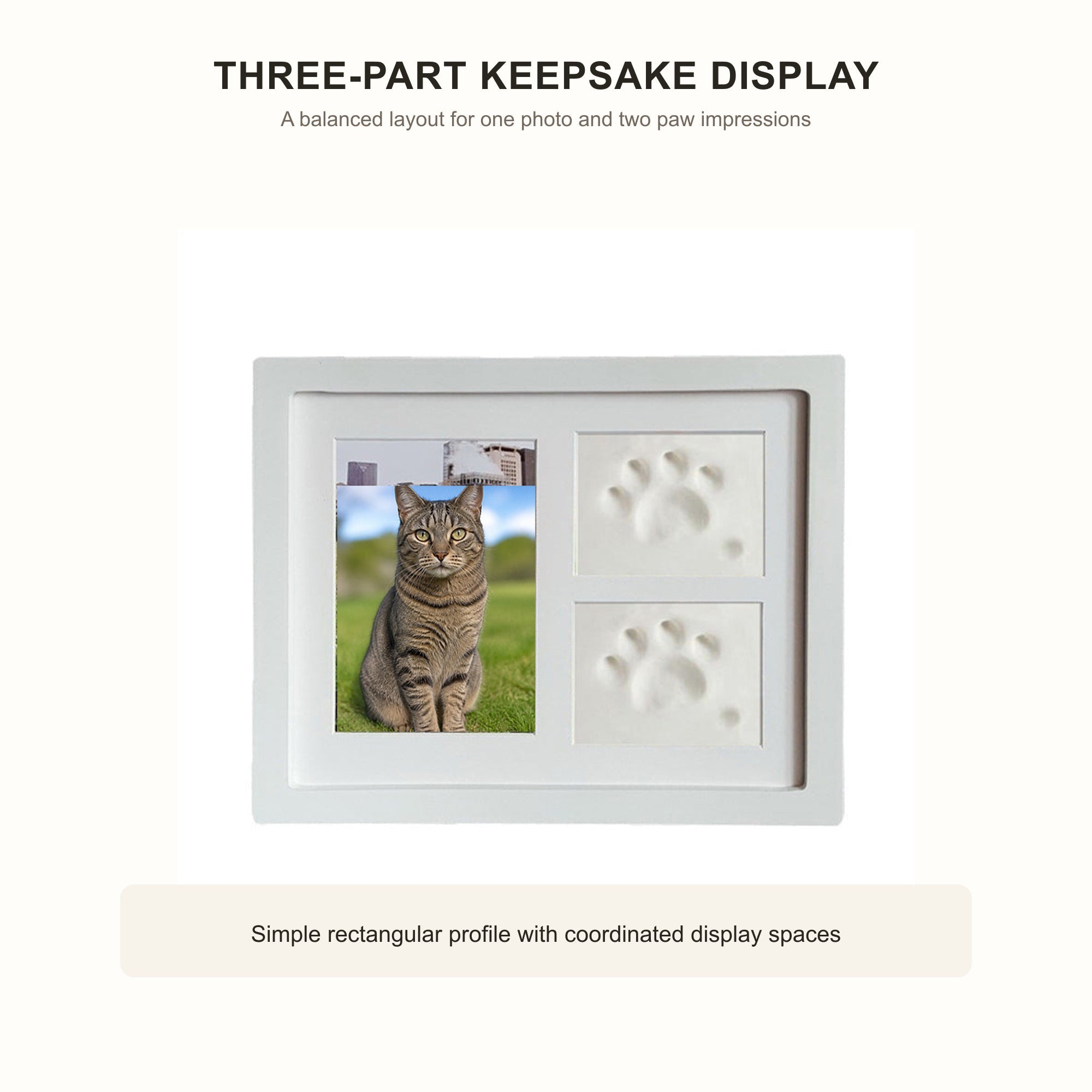 Detailed view of the three-part cat keepsake frame layout