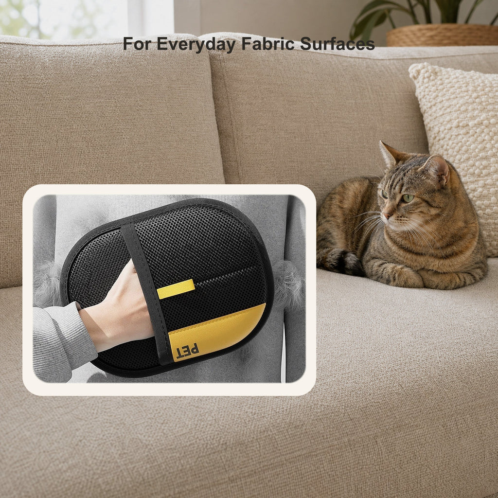 Pet hair remover used on fabric with a relaxed cat nearby and authentic branding preserved