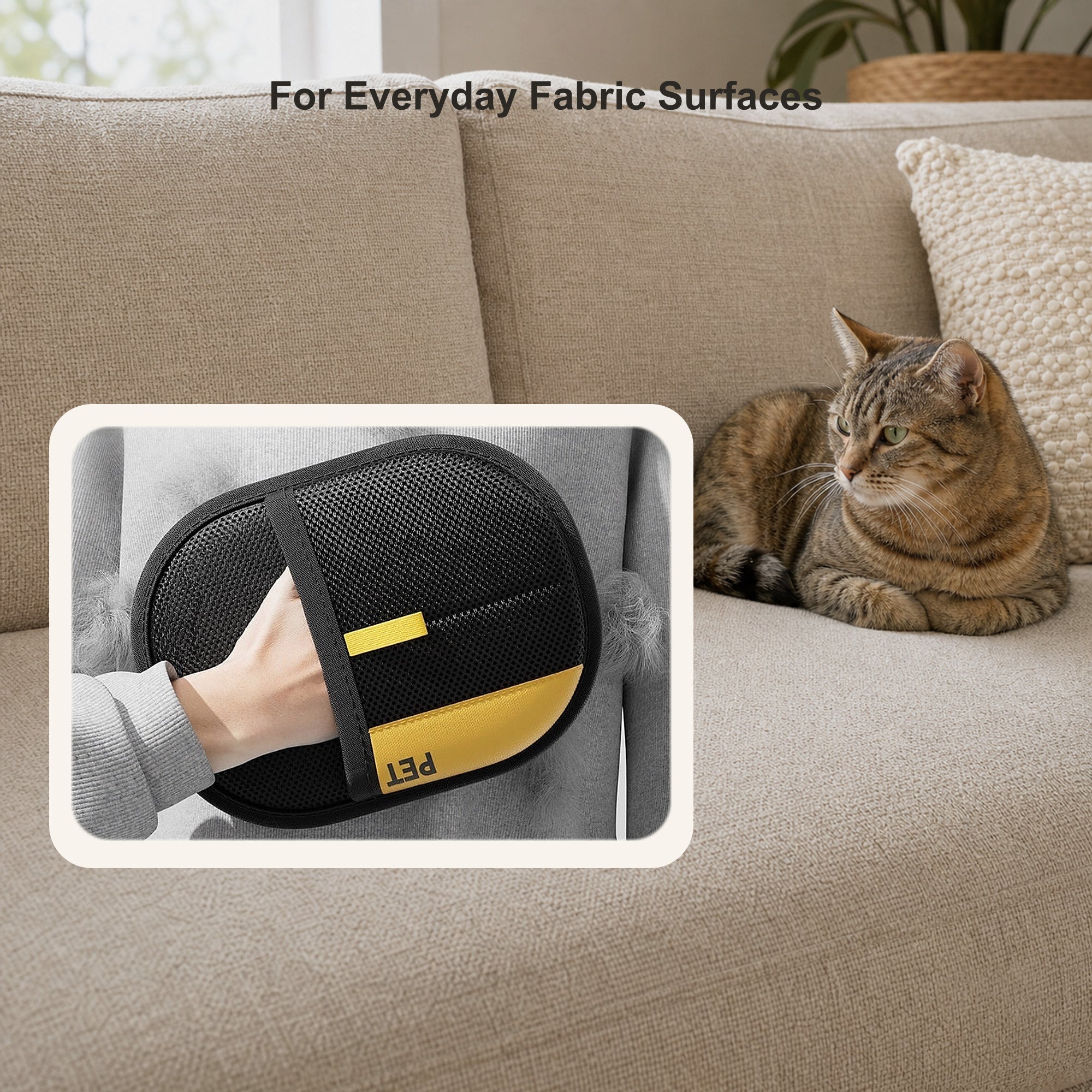 Pet hair remover used on fabric with a relaxed cat nearby and authentic branding preserved