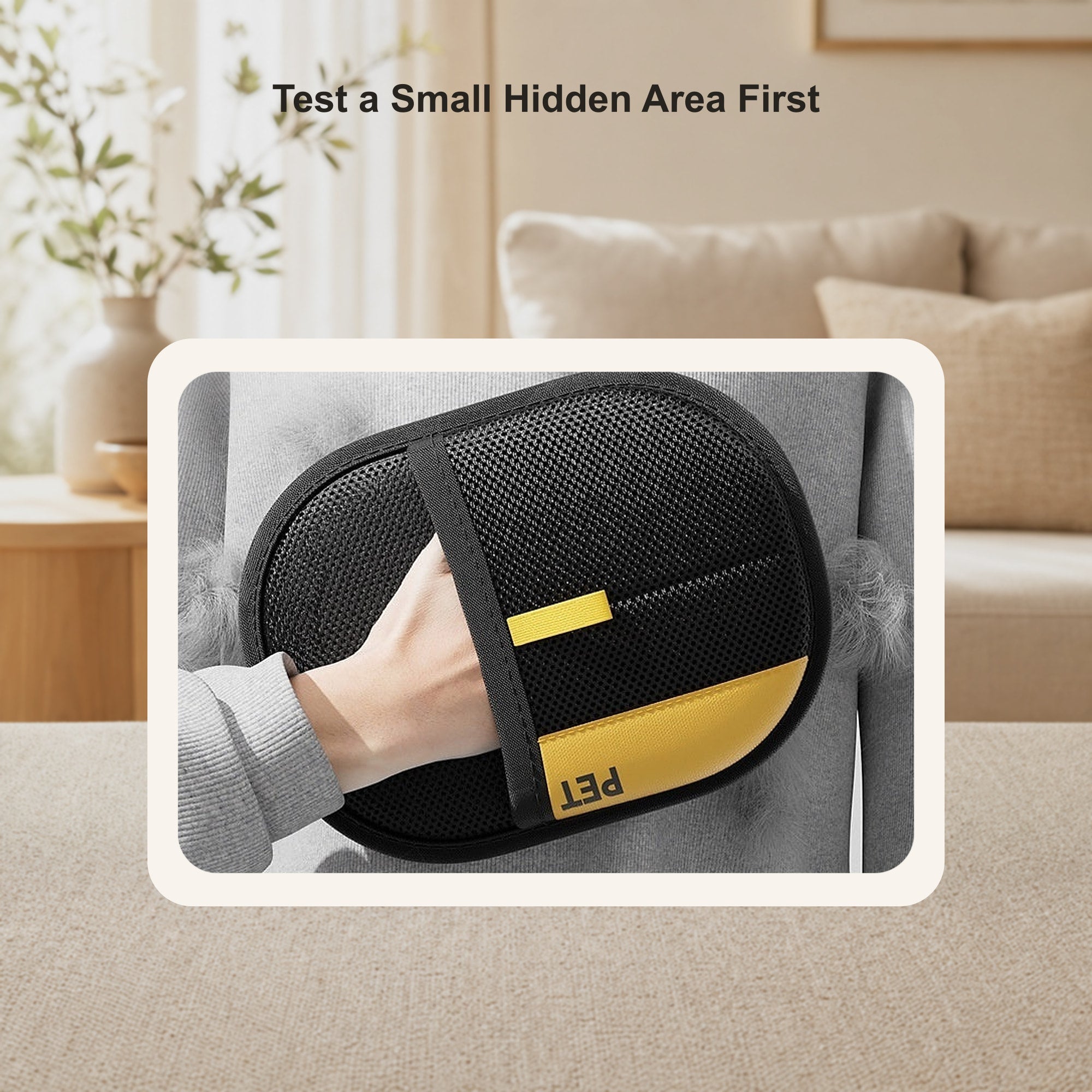 Reminder to test on a hidden fabric area with authentic branding preserved