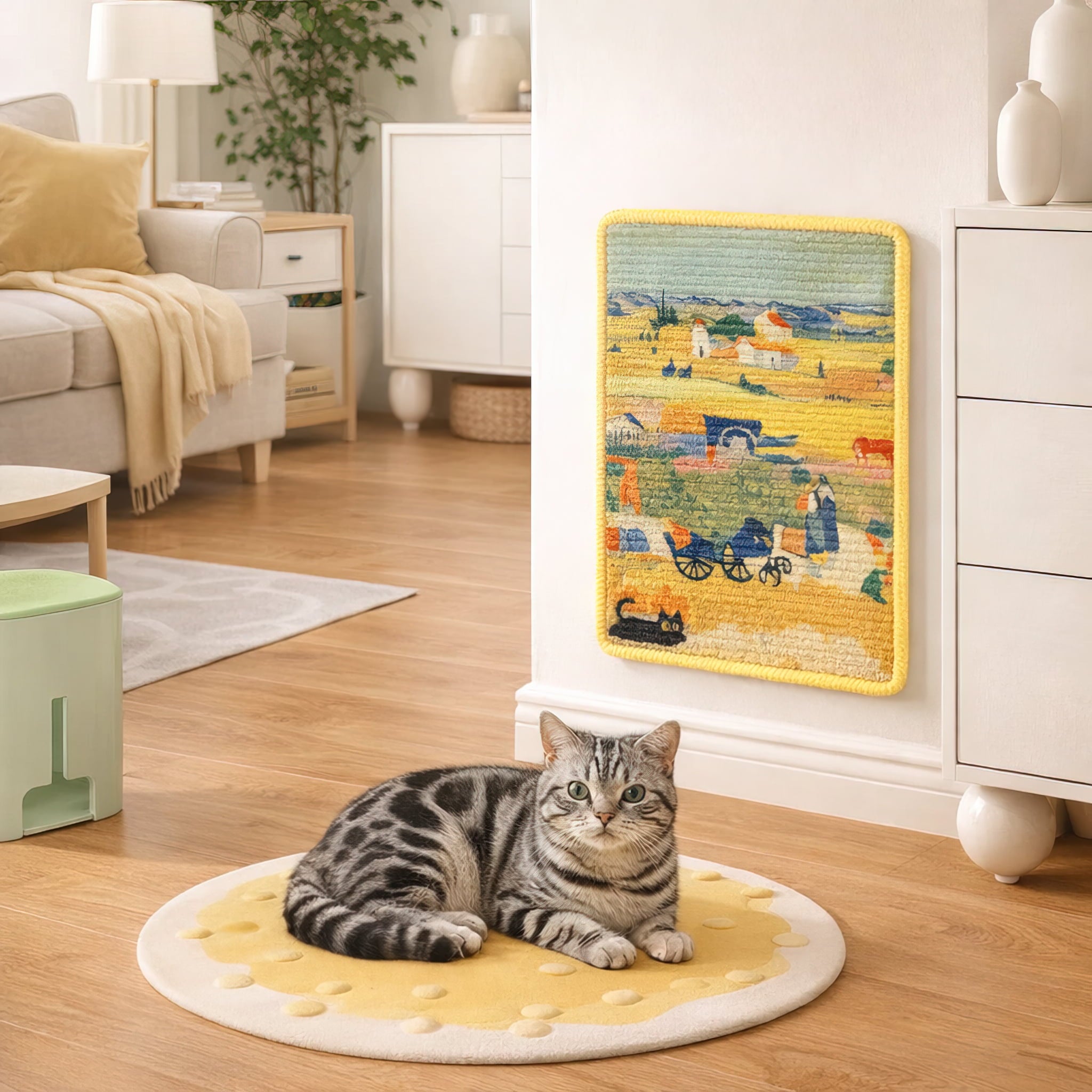 Cat sitting on a round yellow mat in a living room with a colorful rug on the wall.