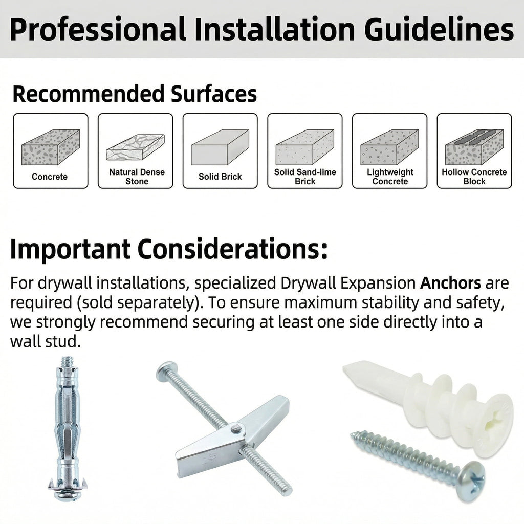 Professional installation guidelines for drywall anchors with recommended surfaces and important considerations.