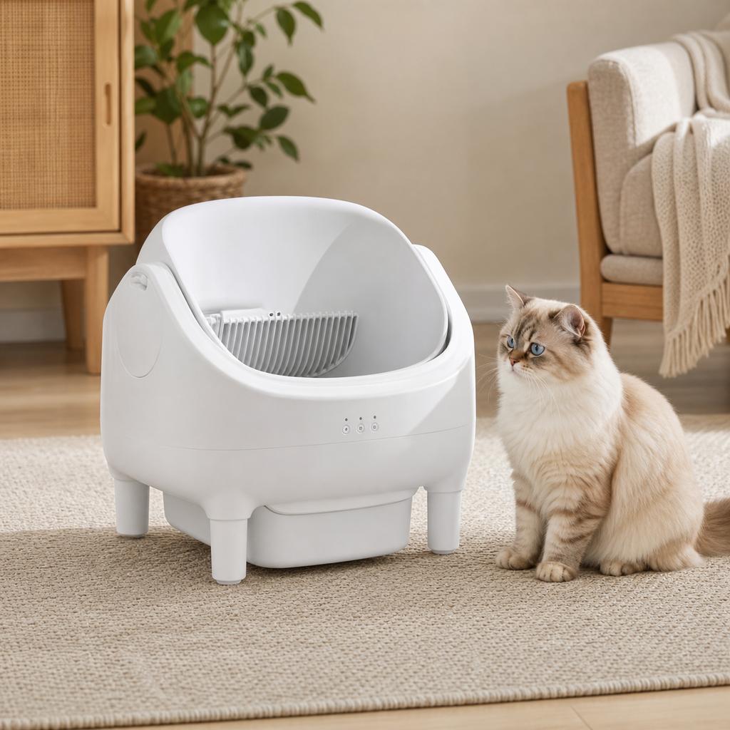 10.5L open-top self-cleaning cat litter box in a modern cat-friendly home