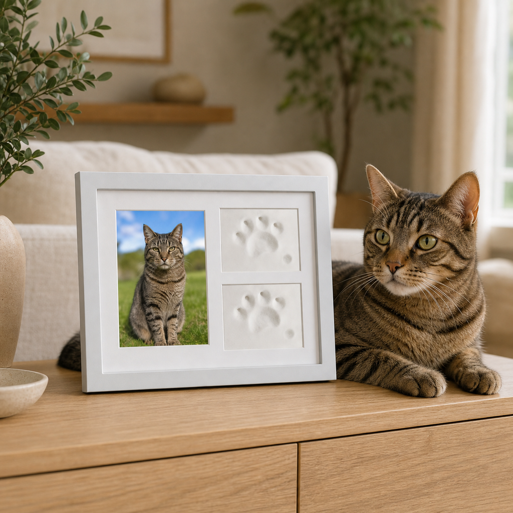Pet paw print and photo keepsake frame displayed in a warm cat-friendly home